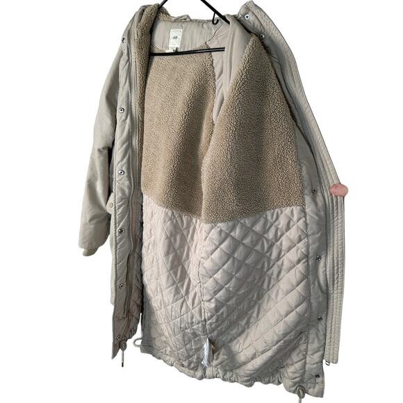 H&M Womans S Oversized Parka Hooded Long Barn Jacket Quilted Chore Coat Tan - Picture 3 of 9